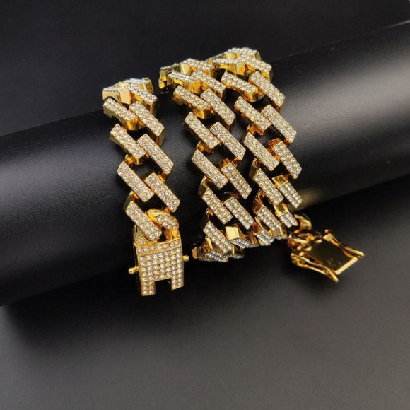 18mm Cuban Link Chain and Bracelet Set for Men | Gold Plated  18K Real Gold Covered Iced Out Cuban Link Necklace Bracelet SET